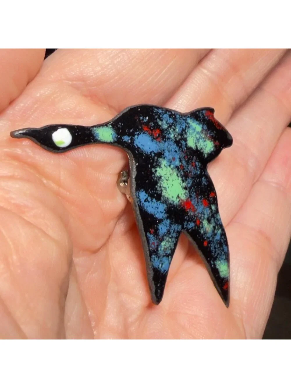 Bird Brooch Flying Swallow Glitter Enamel Handmade Black Colorful Pin 2”